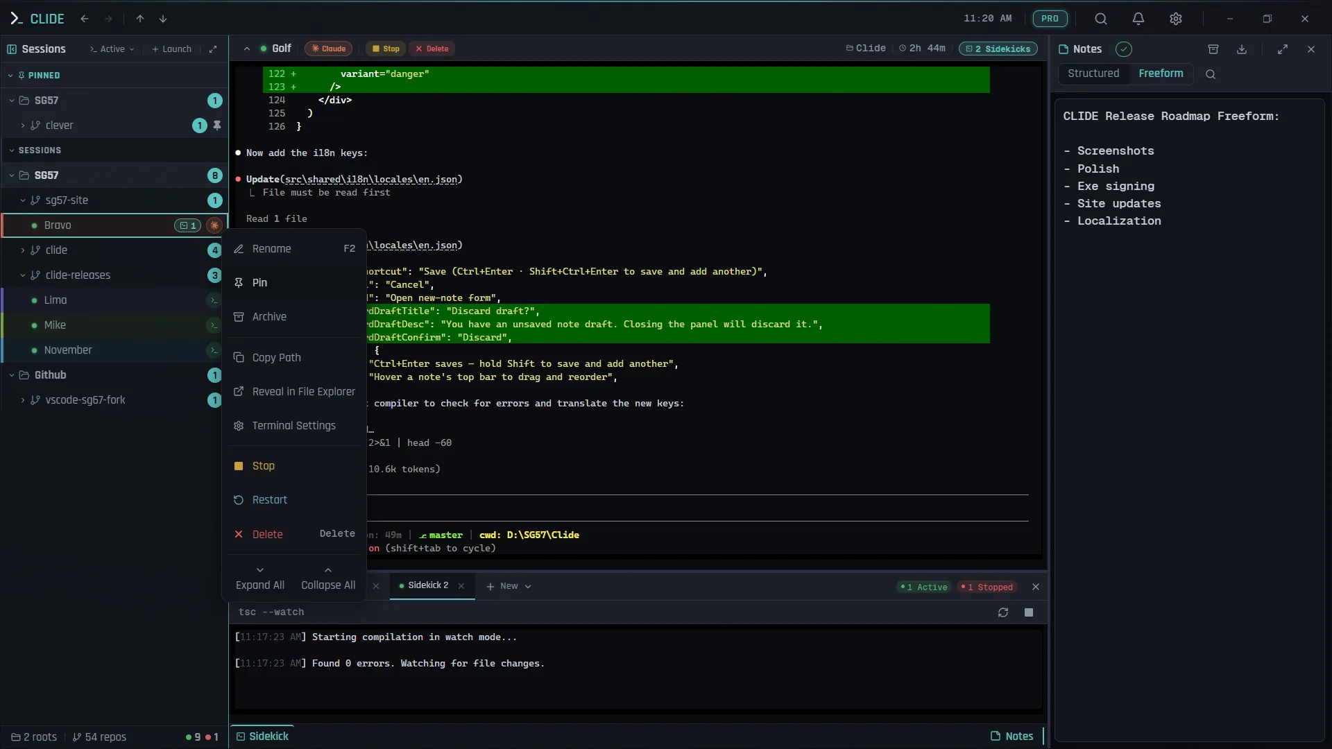 Clide session explorer tree with color-coded sessions