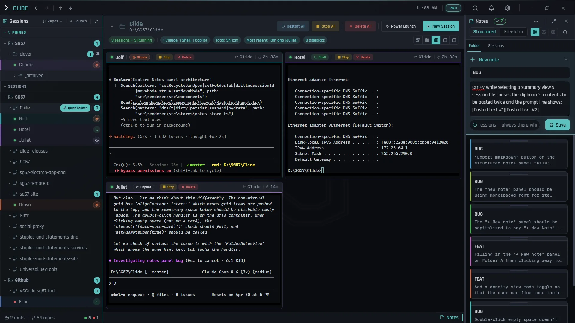 Clide Fleet Panel showing multiple AI agent sessions with status indicators