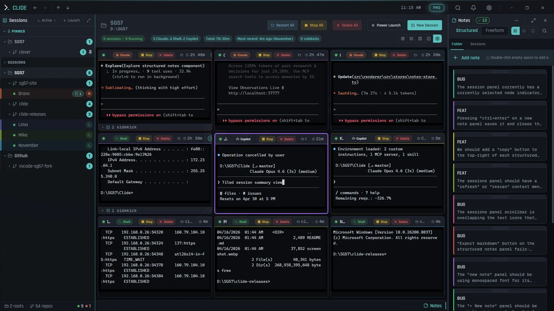 Multiple AI agent sessions running simultaneously in Clide