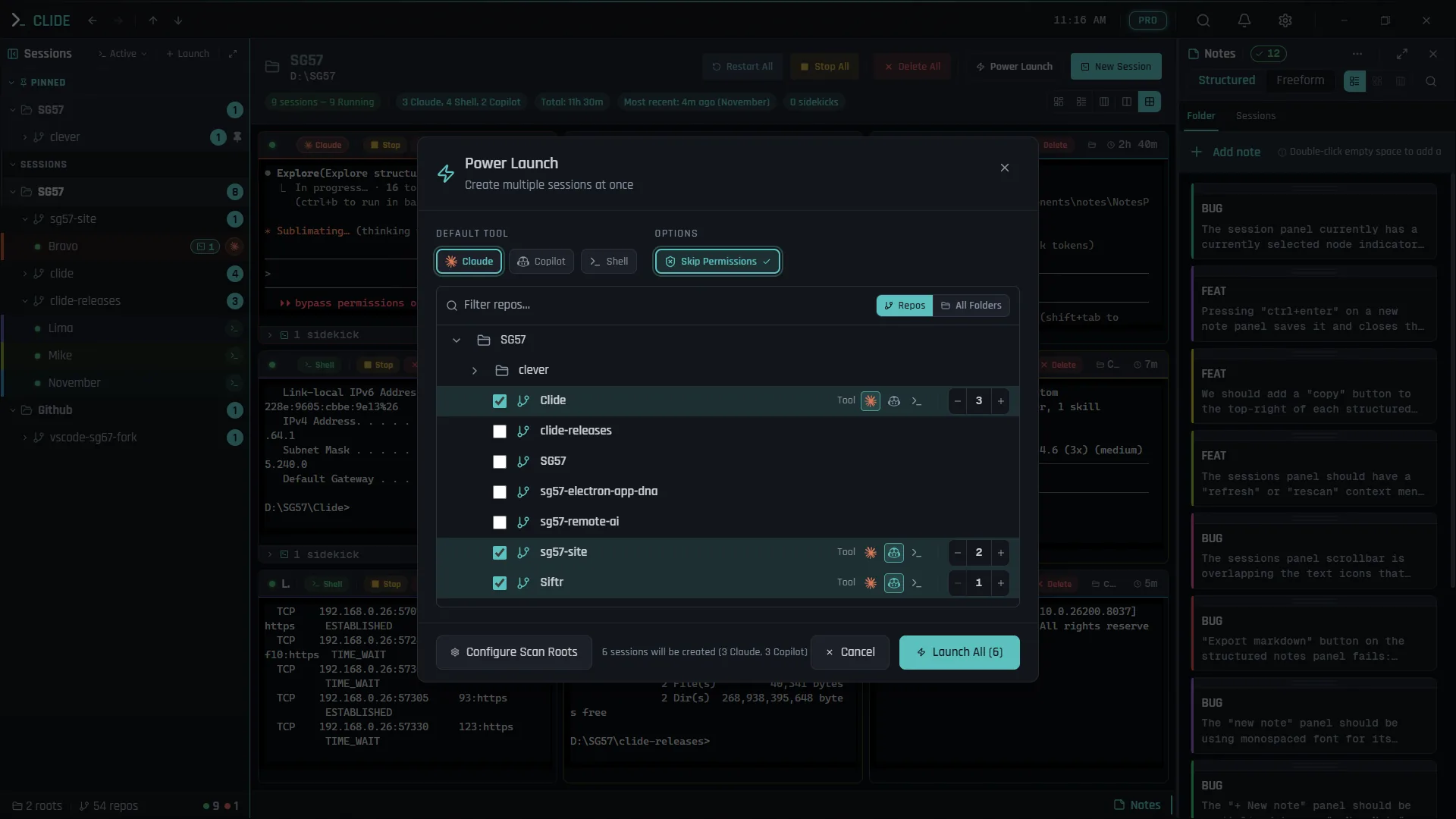 Clide Power Launch dialog for batch session creation