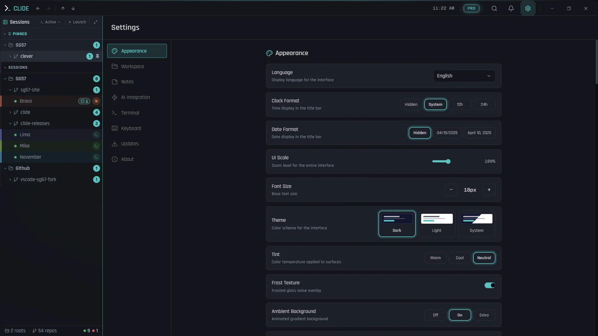Clide settings panel with appearance and terminal options