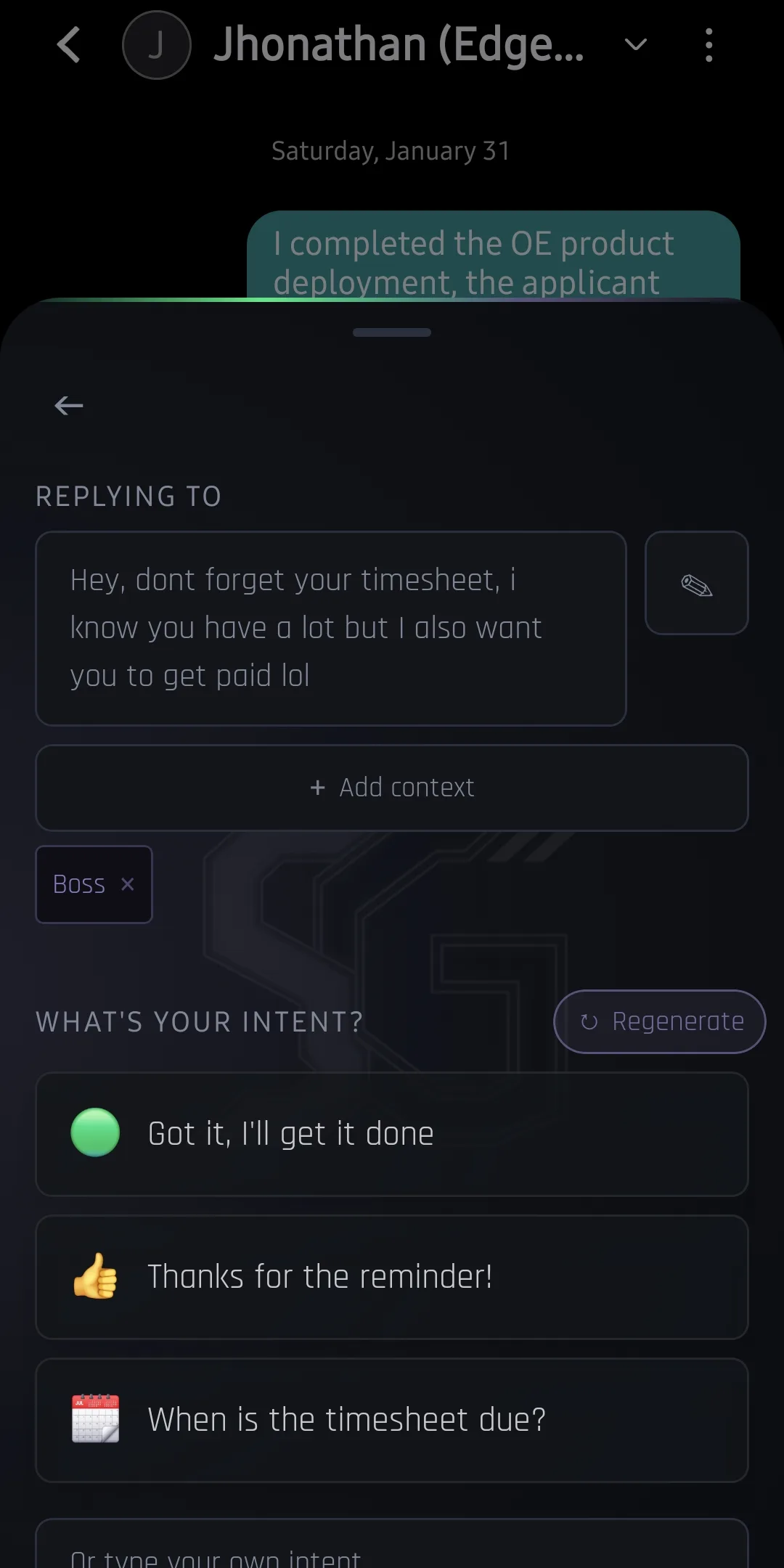 Intent picker showing 3 inferred intents from an incoming message