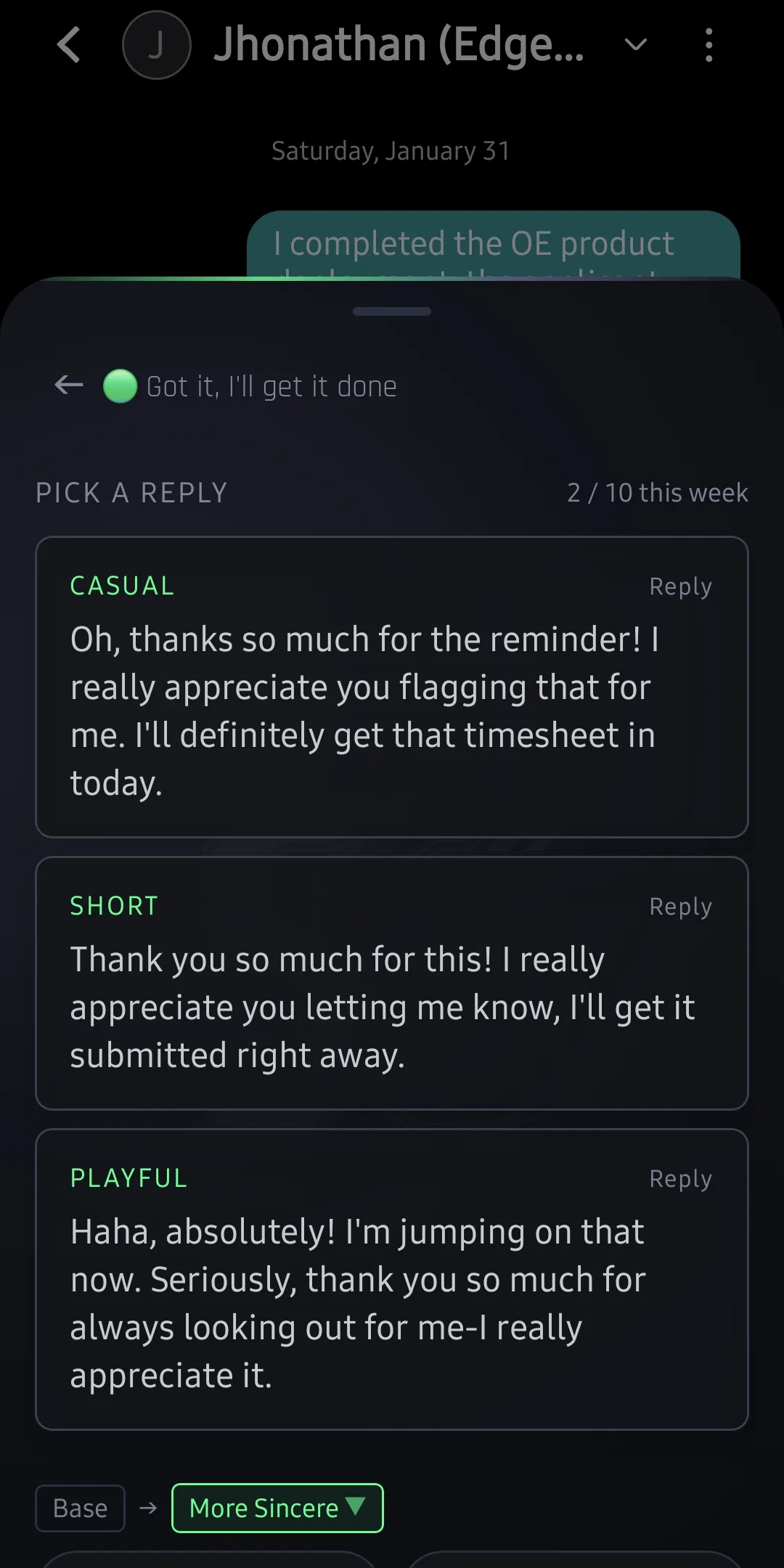 Reply picker showing 3 generated reply options